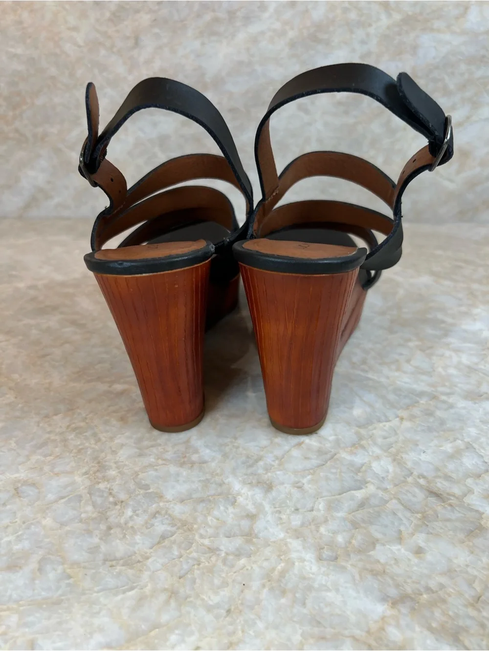 Lucky Brand Black Strappy Wood-Platform Wedge Sandals. Leather upper
